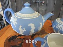 Antique Wedgwood Sky Blue Jasperware Tea Set (Teapot, Sugar Bowl & Creamer)