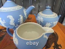 Antique Wedgwood Sky Blue Jasperware Tea Set (Teapot, Sugar Bowl & Creamer)