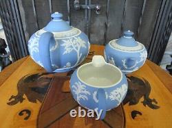 Antique Wedgwood Sky Blue Jasperware Tea Set (Teapot, Sugar Bowl & Creamer)