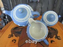 Antique Wedgwood Sky Blue Jasperware Tea Set (Teapot, Sugar Bowl & Creamer)