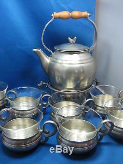 Antique West Germany Pewter Teapot+Burner+8 Cups WithSeperated inside Glass Set
