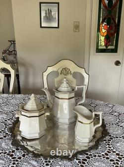 Antique White Biedermeier -Ironstone Tea Pot Creamer And Sugar Bowl England