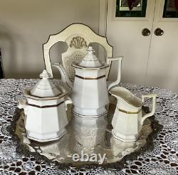 Antique White Biedermeier -Ironstone Tea Pot Creamer And Sugar Bowl England