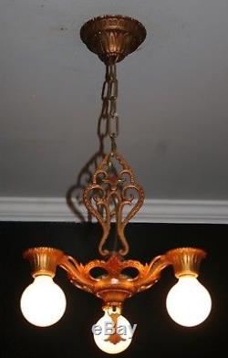 Antique art deco 3 socket polychrome light fixture ceiling chandelier 1930s