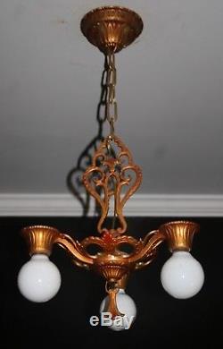 Antique art deco 3 socket polychrome light fixture ceiling chandelier 1930s