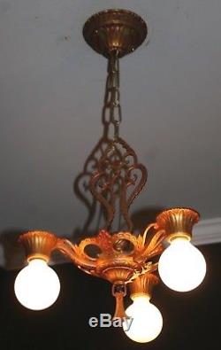 Antique art deco 3 socket polychrome light fixture ceiling chandelier 1930s