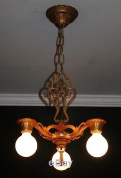 Antique art deco 3 socket polychrome light fixture ceiling chandelier 1930s