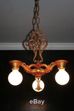 Antique art deco 3 socket polychrome light fixture ceiling chandelier 1930s