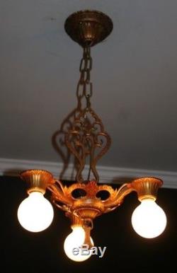 Antique art deco 3 socket polychrome light fixture ceiling chandelier 1930s