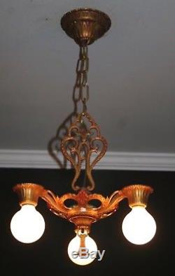 Antique art deco 3 socket polychrome light fixture ceiling chandelier 1930s