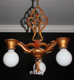 Antique art deco 3 socket polychrome light fixture ceiling chandelier 1930s