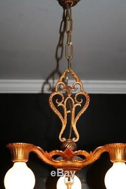 Antique art deco 3 socket polychrome light fixture ceiling chandelier 1930s