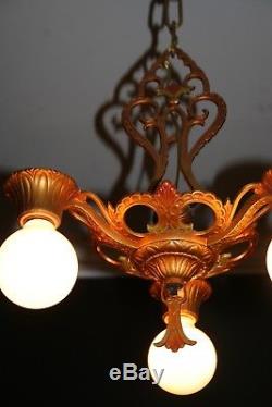 Antique art deco 3 socket polychrome light fixture ceiling chandelier 1930s