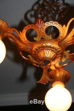 Antique art deco 3 socket polychrome light fixture ceiling chandelier 1930s