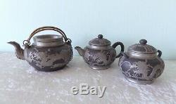 Antique vtg Chinese Yixing pewter Shanghai dragon teapot set sugar bowl creamer