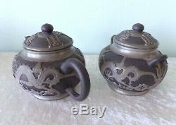 Antique vtg Chinese Yixing pewter Shanghai dragon teapot set sugar bowl creamer