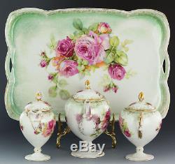 Antiques Prussia Hand Painted Roses Demitasse Teapot Set Creamer Sugar Tray
