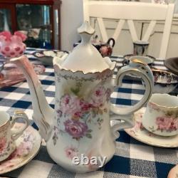 Antq. Prussian Floral Coffee /Tea Pot With 4 Cups & Saucer C 1900