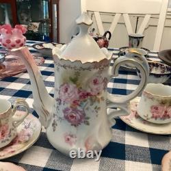 Antq. Prussian Floral Coffee /Tea Pot With 4 Cups & Saucer C 1900