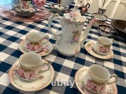 Antq. Prussian Floral Coffee /Tea Pot With 4 Cups & Saucer C 1900