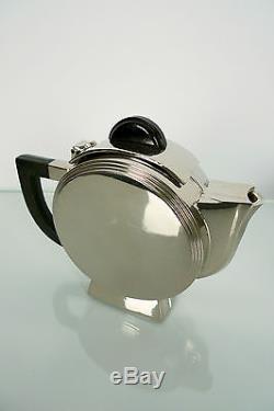 Art Deco Modernist Tea Set Teapot, Sugar, Creamer Silver & Bakelite Handles