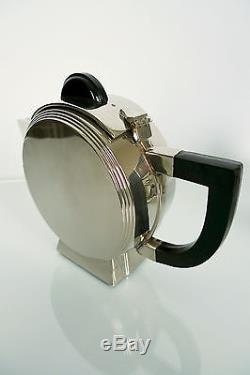 Art Deco Modernist Tea Set Teapot, Sugar, Creamer Silver & Bakelite Handles