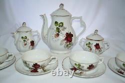 Artibus Antique China Tea Service Set for 8 Teapot Red Rose Daisy Portugal