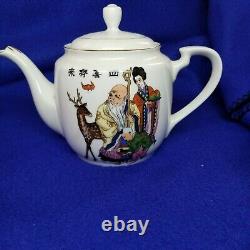 Asian Tea Pot Set With 8 Cups And Tray Scholar Student Animals