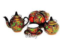 Authentic Russian Khokhloma Folk Art Hand Painted Porcelain Tea Set 14 PCS New