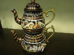 Authentic Turkish Traditional Handmade Handhammered Copper Teapot Set Caydanlik