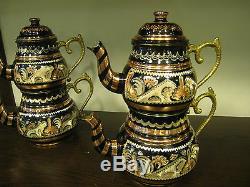 Authentic Turkish Traditional Handmade Handhammered Copper Teapot Set Caydanlik