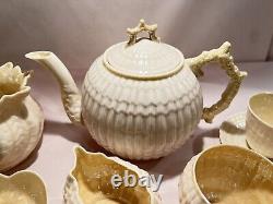 BELLEEK LIMPET YELLOW TEAPOT With CREAMER, SUGAR, 3 CUPS & SAUCERS & EXTRAS