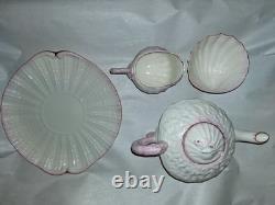BELLEEK Pottery Neptune Pink Seashell Pattern Porcelain Tea Pot, Sugar, Creamer