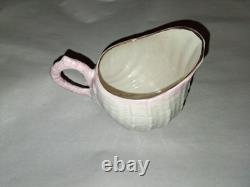 BELLEEK Pottery Neptune Pink Seashell Pattern Porcelain Tea Pot, Sugar, Creamer