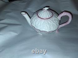 BELLEEK Pottery Neptune Pink Seashell Pattern Porcelain Tea Pot, Sugar, Creamer