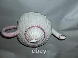 BELLEEK Pottery Neptune Pink Seashell Pattern Porcelain Tea Pot, Sugar, Creamer