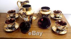 Bohemian Ornate Gold & Purple Glass Tea Set 4 Cups & Saucers Pot Sugar Creamer