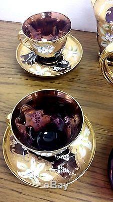 Bohemian Ornate Gold & Purple Glass Tea Set 4 Cups & Saucers Pot Sugar Creamer