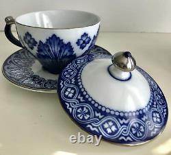 BOMBAY BLUE WHITE & SILVER PORCELIAN COVERED CUP SOUP SANDWICH LUNCHEON SET of 4