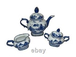 BOMBAY COMPANY Blue & White Willow Teapot & Sugar Bowl Creamer Set 5 Pc Vintage