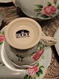 BTaT- Floral Tea Set, 4 cups (8oz), 4 Sauce, Pot (38oz), Creamer and Sugar Blue