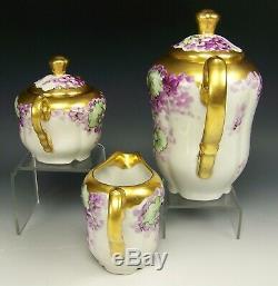 Bavaria Hand Painted Violets Tea Pot Creamer Sugar Set Artist Signed Wands
