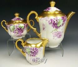 Bavaria Hand Painted Violets Tea Pot Creamer Sugar Set Artist Signed Wands