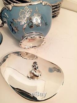 Bavaria Tirschenreuth Friedrich Deusch silver overlay porcelain chocolate set