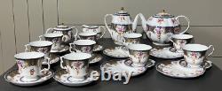 Beautiful 24pc Vintage Style Dark Blue & Gold Trimmed Tea Set Floral & Basket