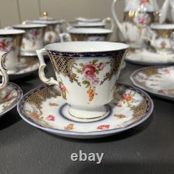 Beautiful 24pc Vintage Style Dark Blue & Gold Trimmed Tea Set Floral & Basket