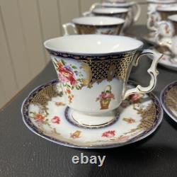 Beautiful 24pc Vintage Style Dark Blue & Gold Trimmed Tea Set Floral & Basket
