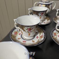 Beautiful 24pc Vintage Style Dark Blue & Gold Trimmed Tea Set Floral & Basket