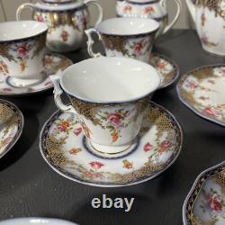 Beautiful 24pc Vintage Style Dark Blue & Gold Trimmed Tea Set Floral & Basket