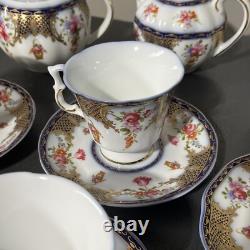 Beautiful 24pc Vintage Style Dark Blue & Gold Trimmed Tea Set Floral & Basket
